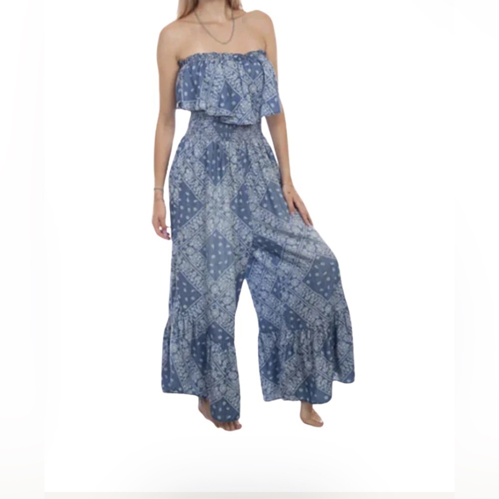 SCULLY bandana jumpsuit flare wide legs- light blue paisley ruffle strapless - Picture 9 of 9